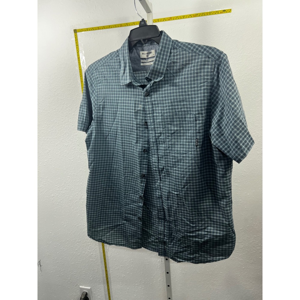 Billabong Mens XL Tailored Fit Stretch Plaid Short Sleeve Button Down Shirt Teal